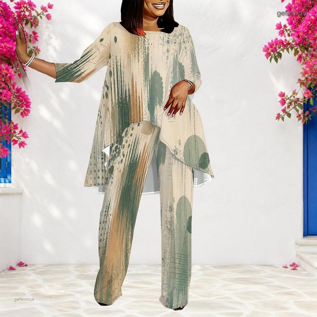 Women Plus Size Two Piece Pants Set Round Neck Three Quarter Sleeve Printed Layered Top And Long Pants