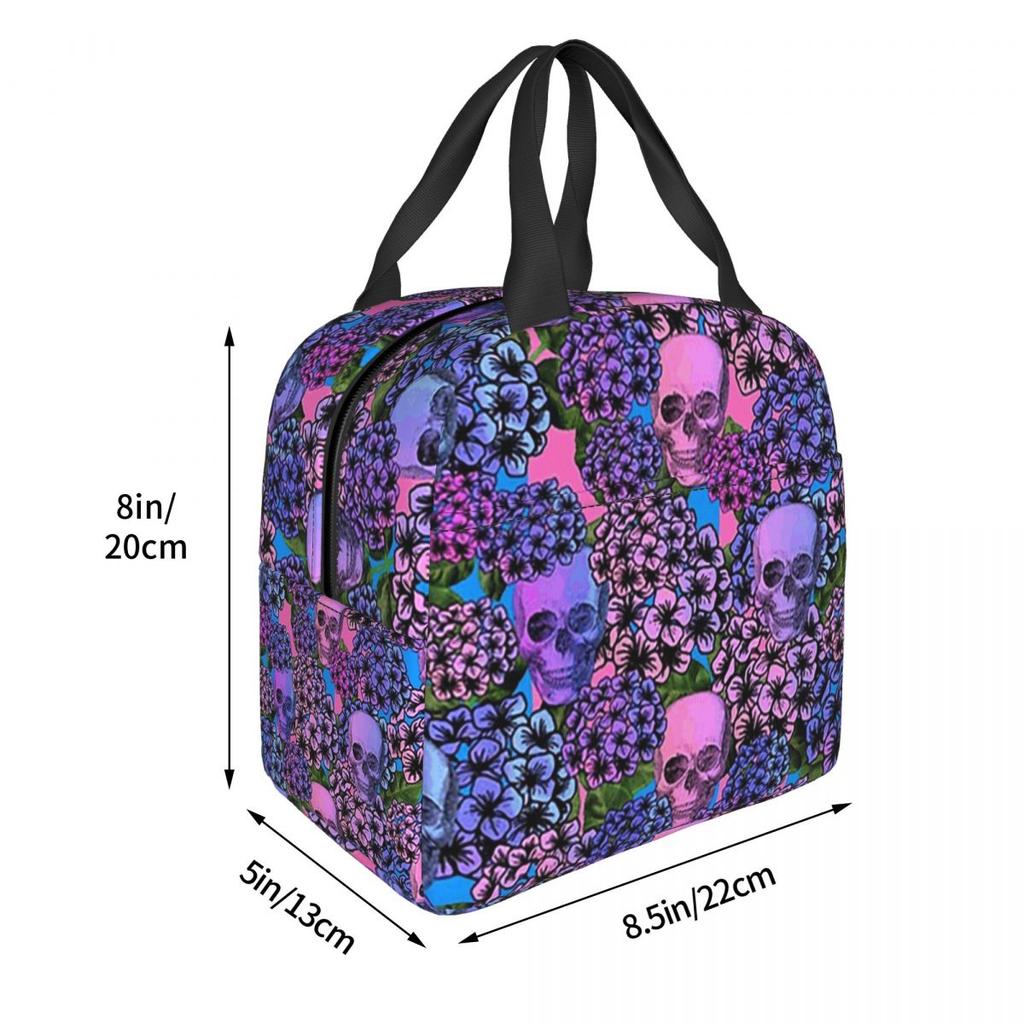 Gothic Violet Flower Skull Pattern Insulated Lunch Bag for Women Children Portable Food Boxes Thermal Lunch Box Tote