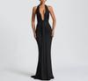 Elegant Halter Neck Deep V Waist-Cinching Long Fishtail Dress with Open Back and Flowing Ribbon