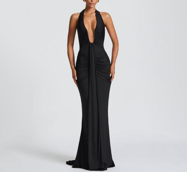 Elegant Halter Neck Deep V Waist-Cinching Long Fishtail Dress with Open Back and Flowing Ribbon