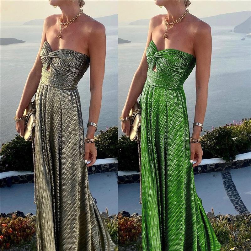 Ladies Summer New Sexy Chest Wrapped Bronzing Party Dress Solid Color Elegant Casual Big Swing Decoration Design Long Skirt