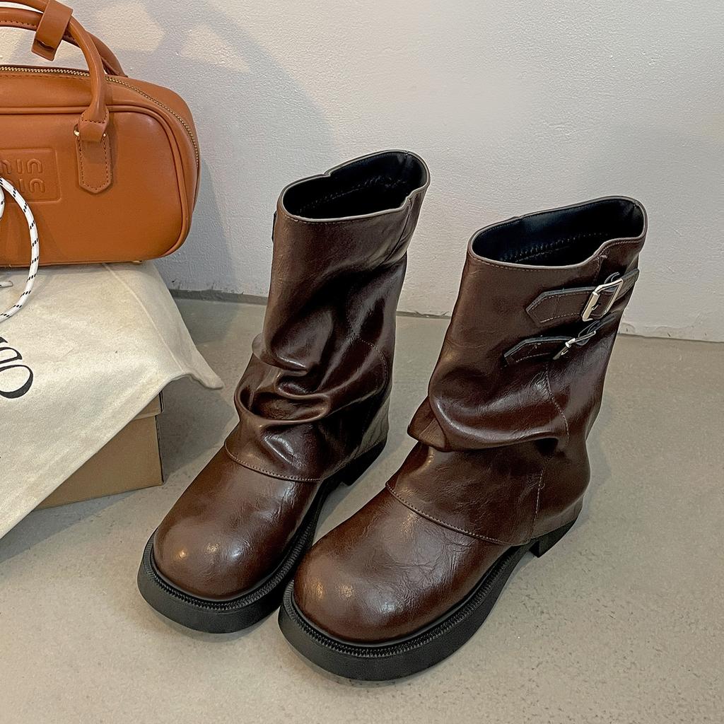 Queen Van Yinglun Maillard brown thick heel heightening short boots women's 2025 new autumn thin trouser boots