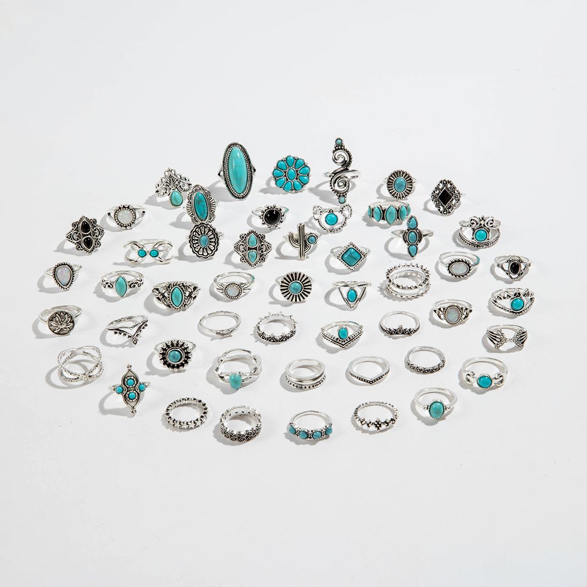 

Кольцо с инкрустацией в этническом стиле с имитацией бирюзы и кактуса, ретро-геометрическое кружевное женское ювелирное кольцо, смешанная партия, случайный узор