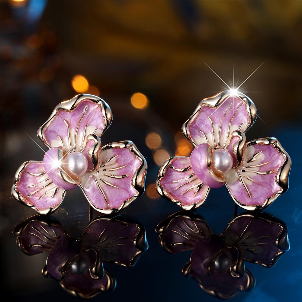Cute Female White Pearl Purple Enamel Gold Color Flower Stud Earrings Lovely Bridal Wedding For Women
