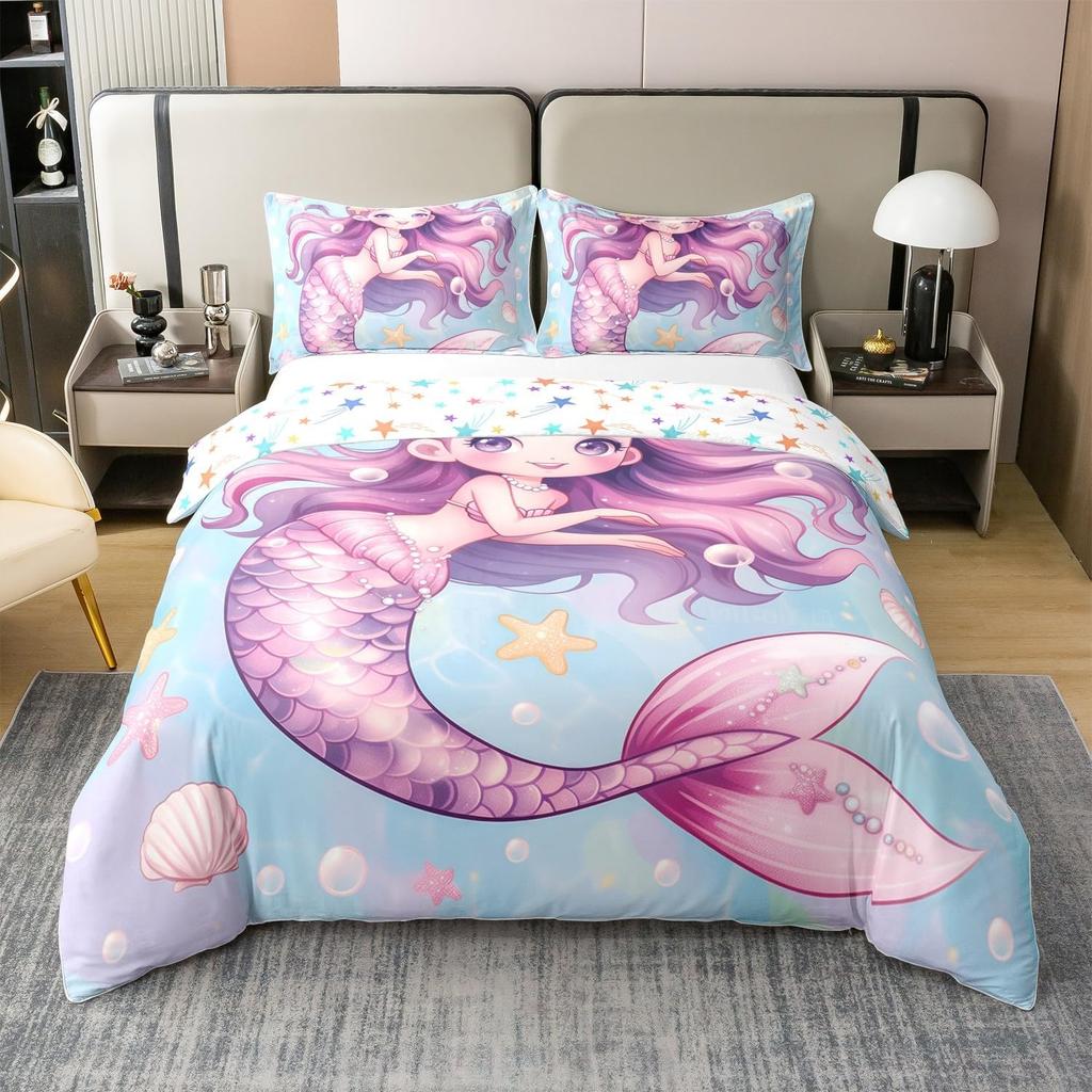 Cute Mermaid Tail Duvet Cover Set Queen King Size Fairy Tale Themed Princess Bedding 3 Pcs For Girls Bedroom Decor Super Soft