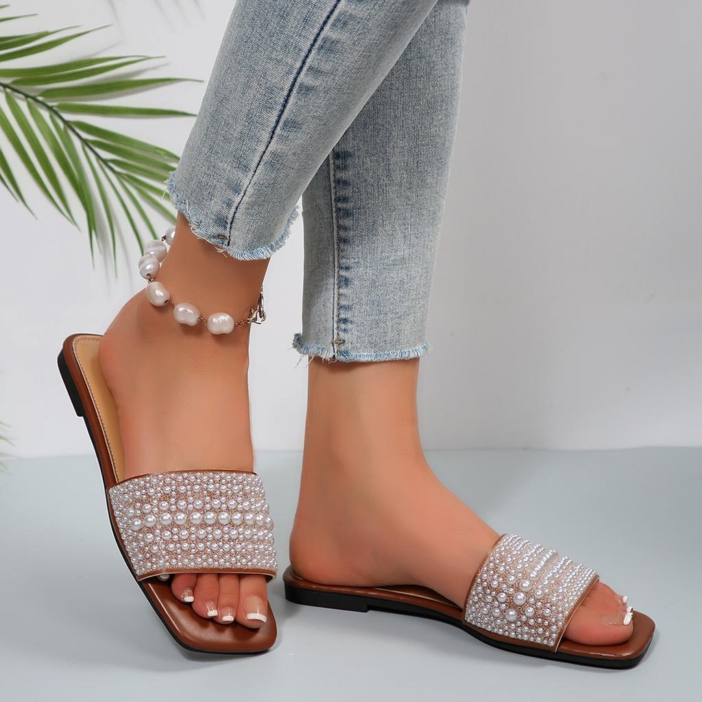 [Foreign Trade] Flat-bottomed Slippers Pearl Rhinestone Outer Wear Square Head Fashionable and Versatile Casual Women's Sandals