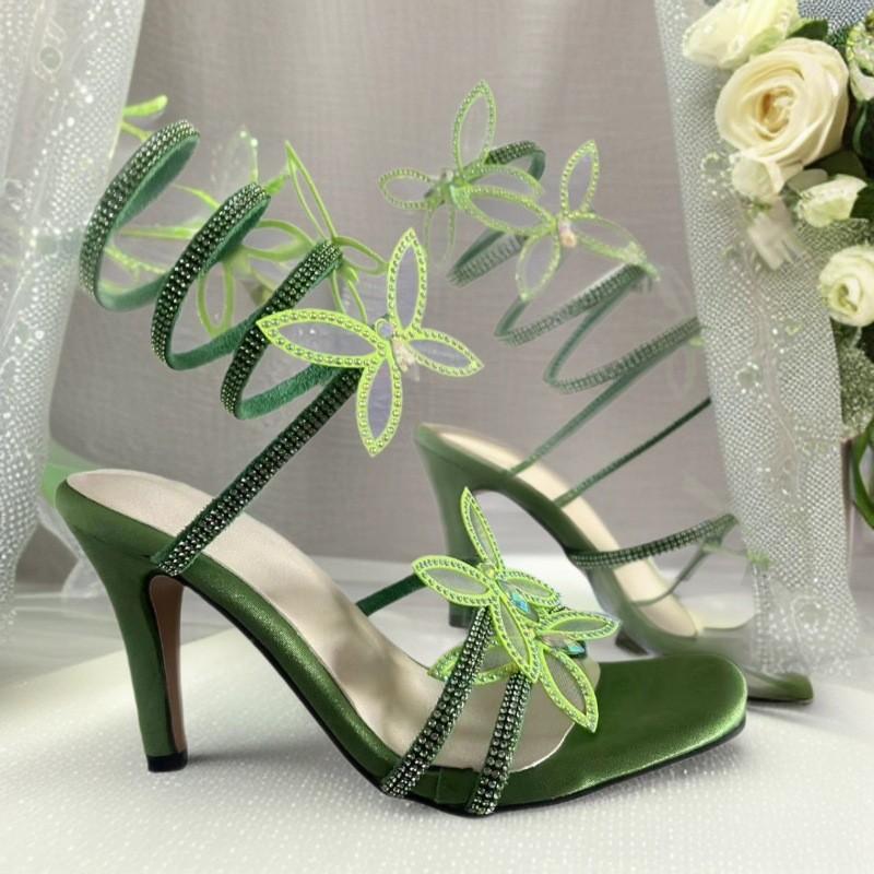 New French temperament rhinestone bow high heels square head thin heel sexy winding belt sandals European and American