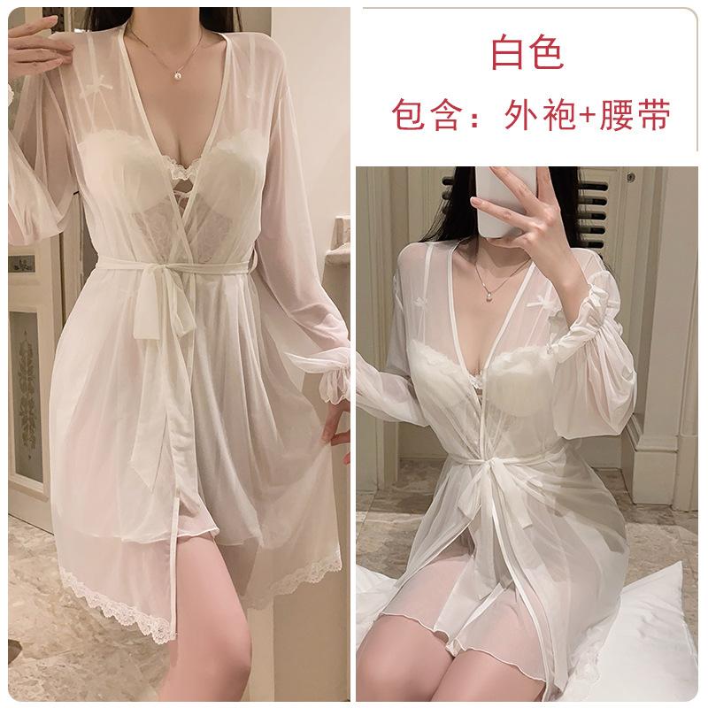 Smooth satin underwear passion hot backless deep V plus chest pad nightdress mesh robe women's suit