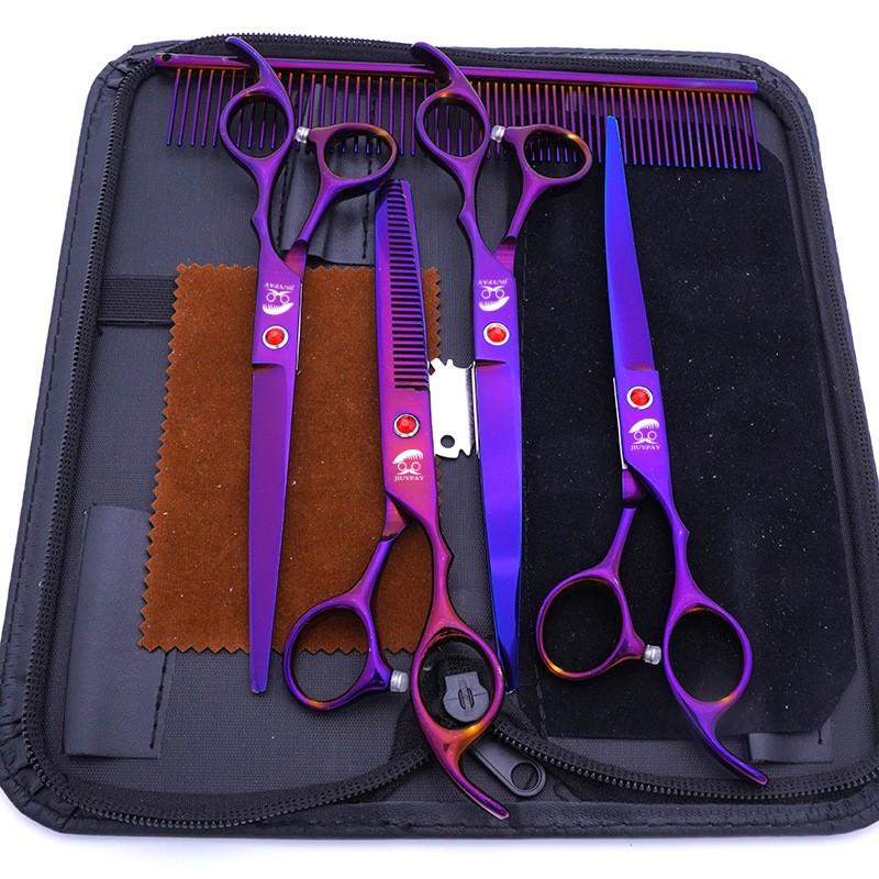 Set di forbici professionali per toelettatura animali domestici da 7 pollici in acciaio inossidabile per cani, incluse forbici dritte, curve, a lisca di pesce e tagliacapelli per orecchie