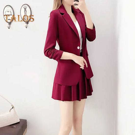 2Pcs/Set Coat Skirt Set Women Spring Autumn Lapel Long Sleeve Single Button Suit Coat Pleated Mini Skirt Set Solid Color Set