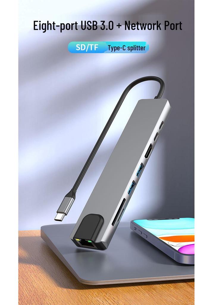 Type-C 8-in-1 USB 3.0 Hub with HDMI, RJ45 Ethernet, and TF/SD Card Reader
