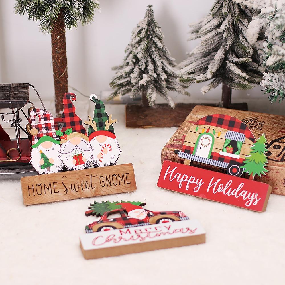 2Pcs DIY Christmas Desktop Ornaments Cartoon Table Centerpiece Santa Wood Plaque Signs  New Years