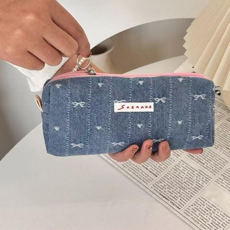 Ins Style Denim Pencil Case Cute Multi Functional Large Capacity Stationery Organizer Storage Bag Student Pen Bag Makeup Bag
