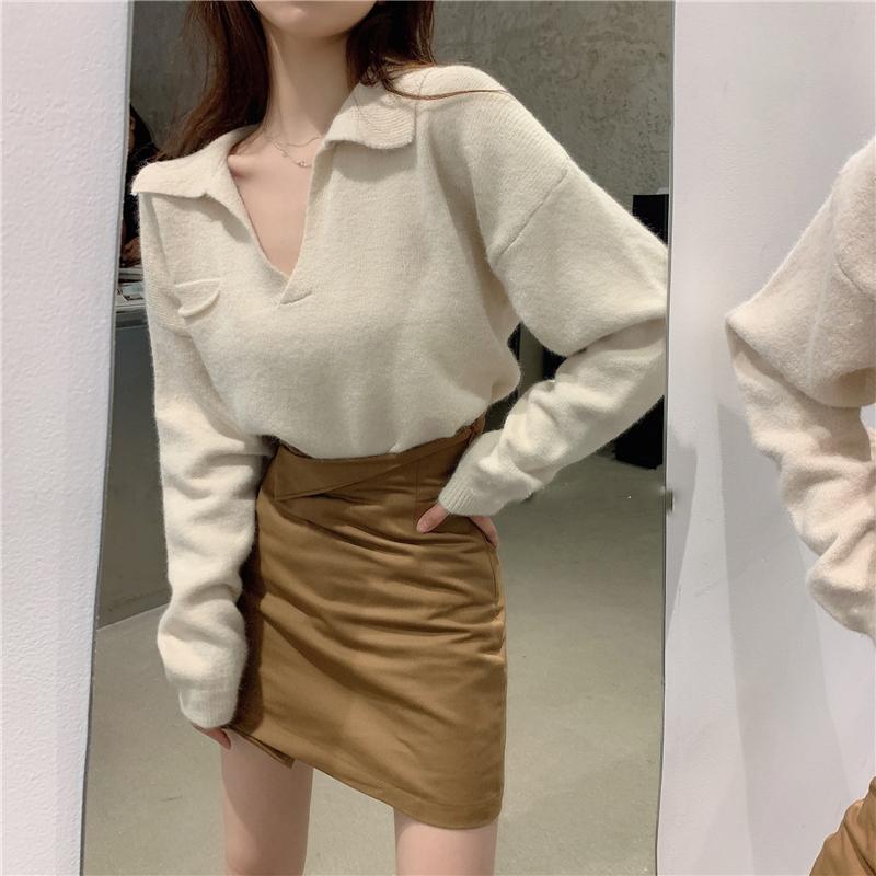 Hirsionsan oříznuté volné, jednobarevné pletené svetry s výstřihem do V, dámské Nové korejské kauzální retro svetry Minimalistické svetry s dlouhým rukávem