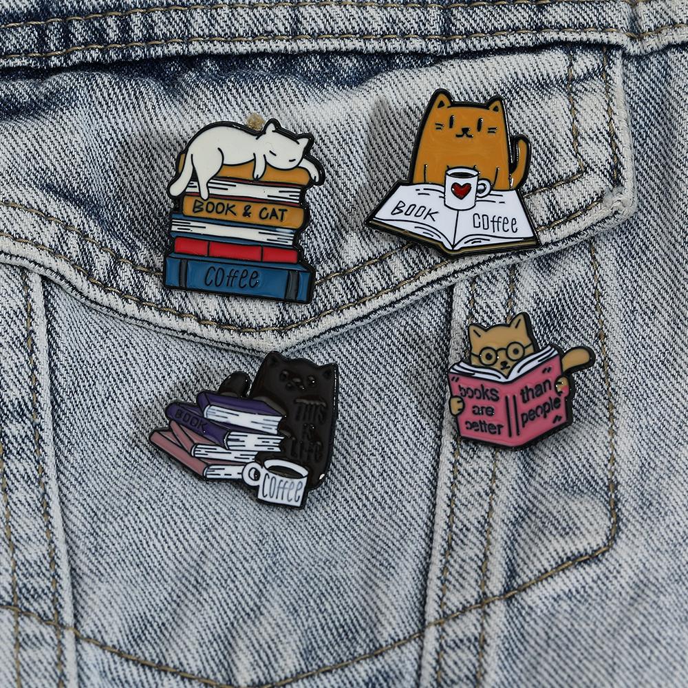 4 Styles Cute Cat &Book And Coffee Design Enamel Brooches Kitten Kitty Reading Drinking Enamel Pins For Pet Lovers Gif T