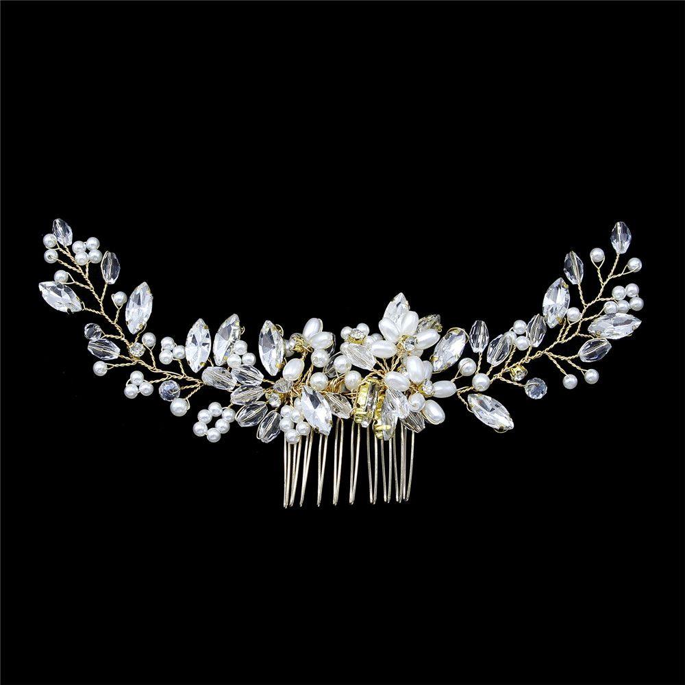 Gold Silver Wedding Pearl Rhinestone Hairbands Tiara Headpiece Flower Hair Comb Shiny Flower Clip