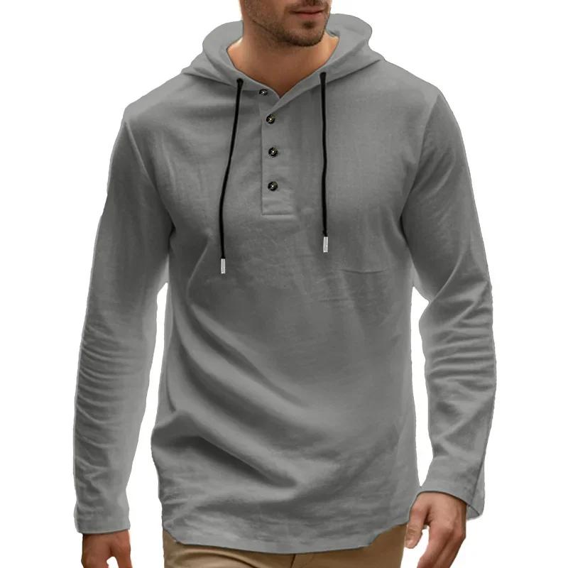 T-shirt con cappuccio da uomo Primavera Estate Lino tinta unita Casual Bottoni Manica lunga Sottile T-shirt Uomo