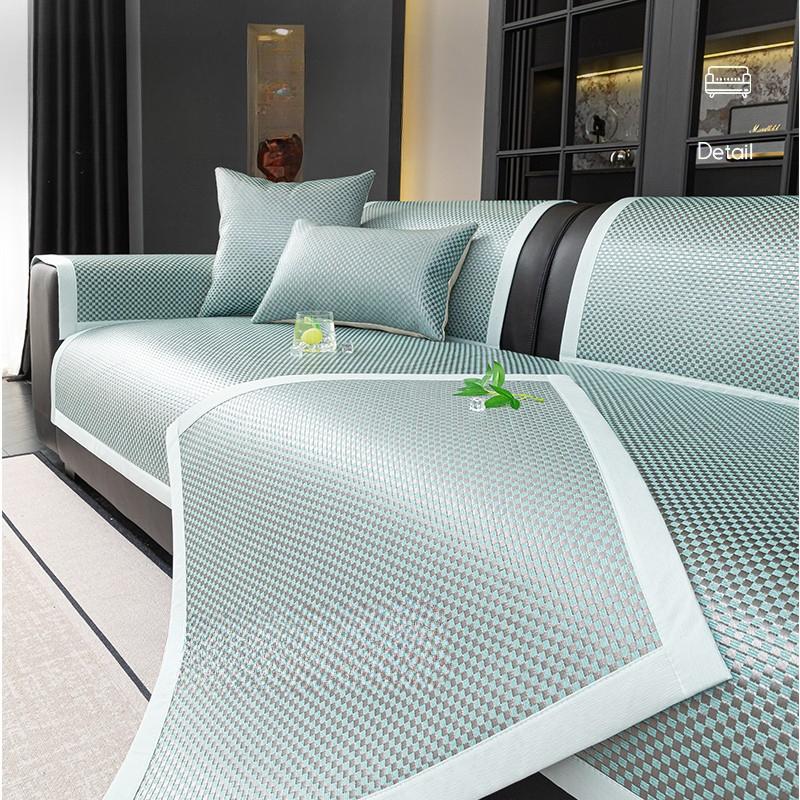 Summer Ice Sliky Fiber Fabric Sofa Cushion, Rectangular Non-Slip Fixed Mat, Light Luxury Cover for Summer Use Suitable for Living Room