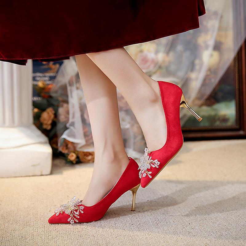 Stiletto Single Shoes Autumn New Pointed Toe Shallow Mouth Crystal Pearl Flower Slip Anti-slip Wear-resistant High Heels