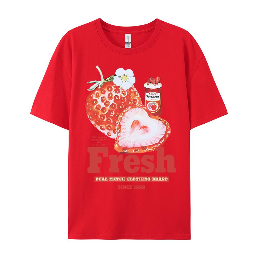 Fresh Strawberry American Retro Creative Printed Short Sleeved T-shirt Women's Trendy Brand Loose Versatile Half Sleeved Shirt