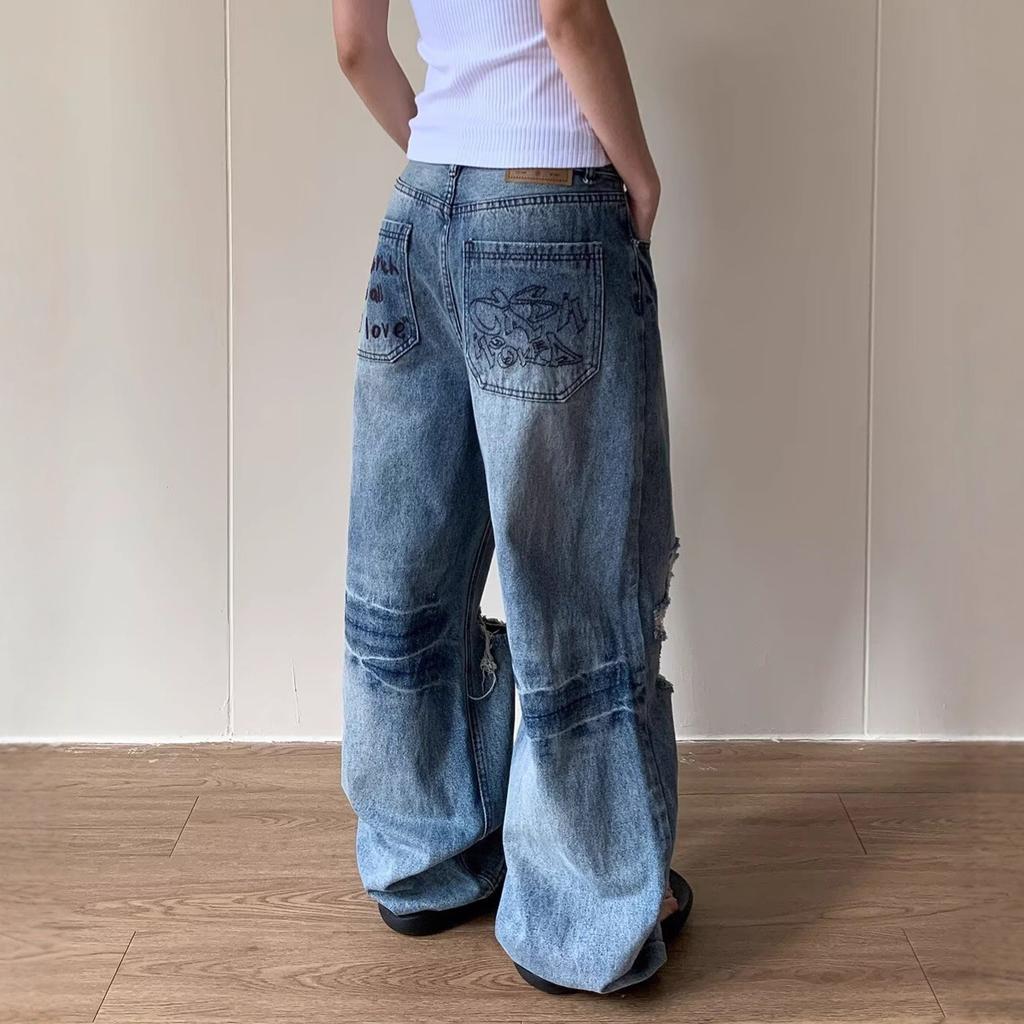 American street washed old ripped jeans men's spring and autumn straight loose European and American high street vibe wind long pants