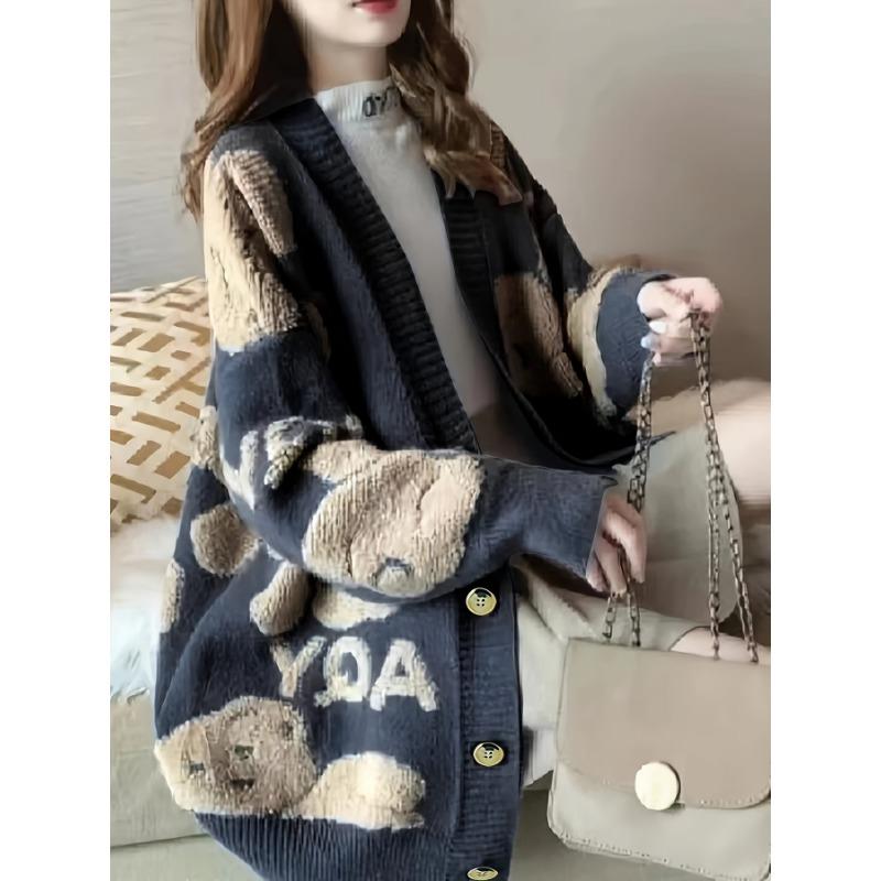 Monogrammierte Strickjacke mit V-Ausschnitt, Lässige Strickjacke mit Knopfleiste vorne, Langarm, Winter/Herbst, Damen M Pulloverjacke