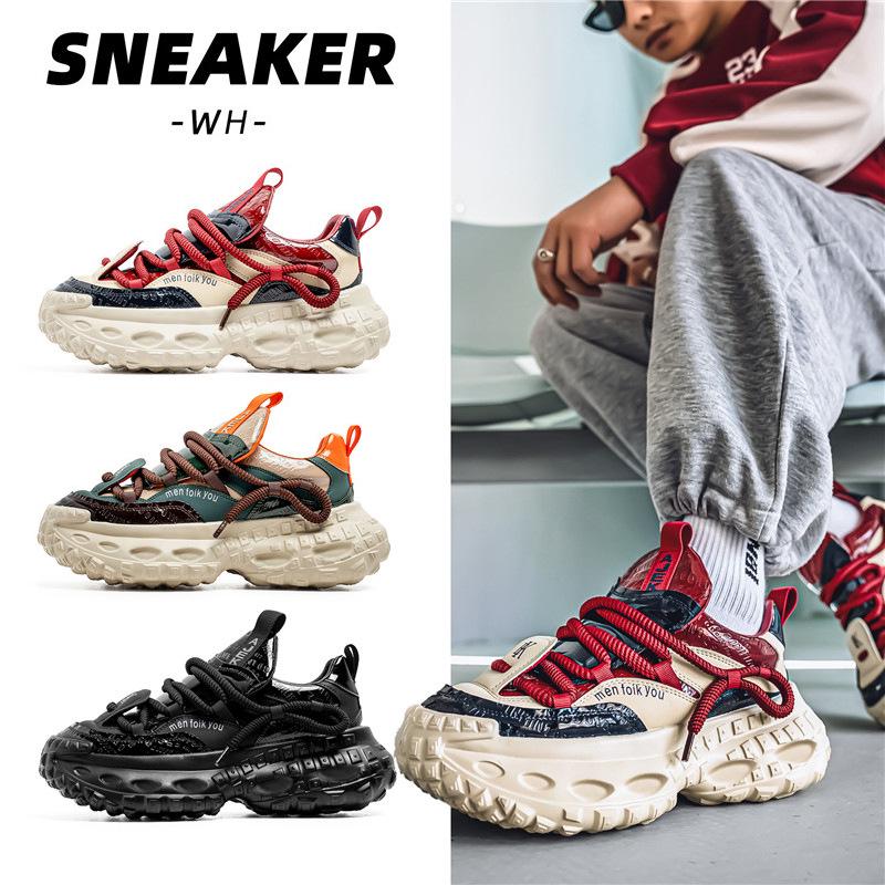 Men's Spring Low-Top Thick-Soled Height-Boost Dad Shoes Trendy Leather Casual Sneakers