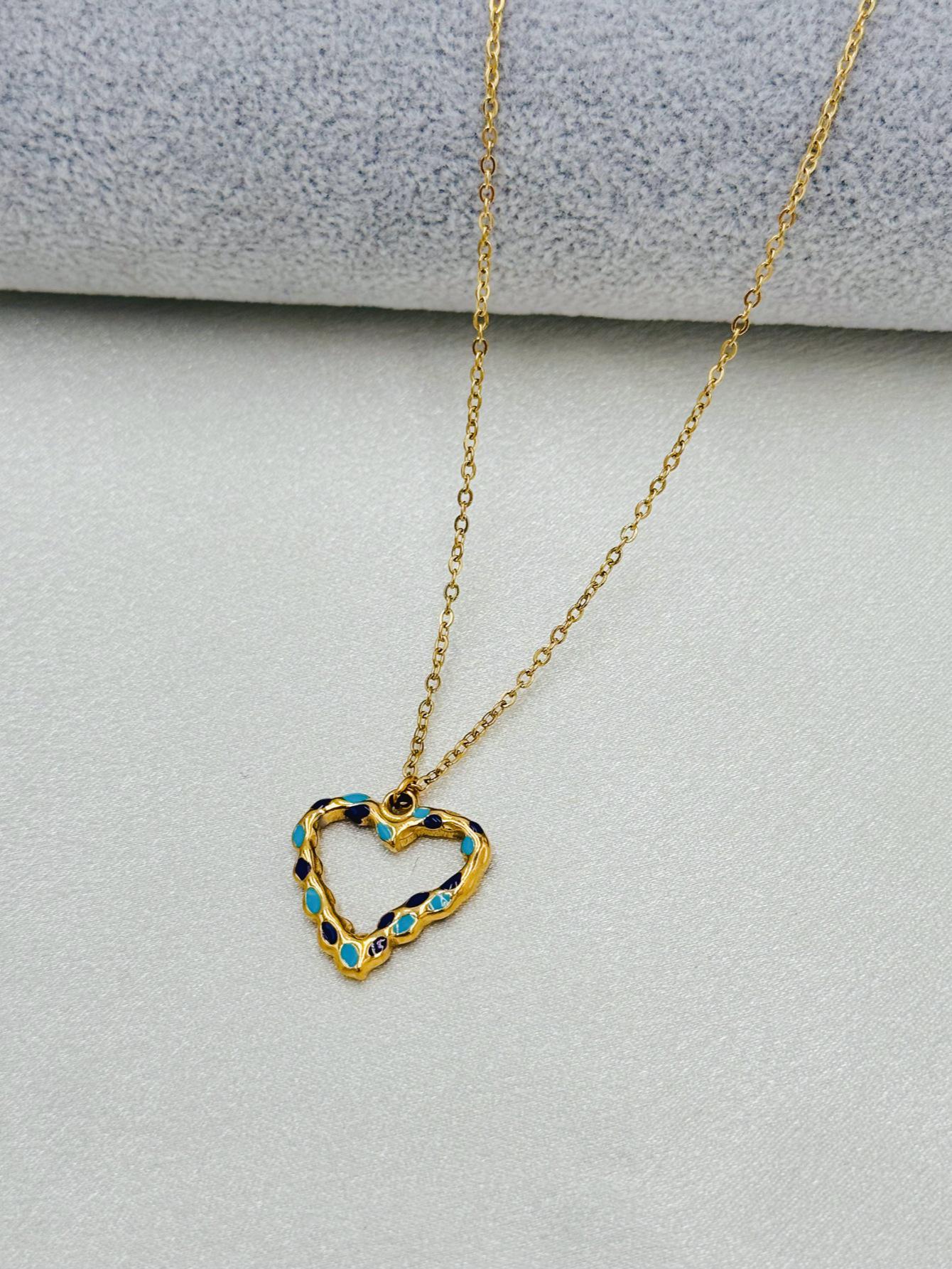 Stainless Steel Heart Pendant Necklace with Spotted Oil Drip - Fashionable Ins Style