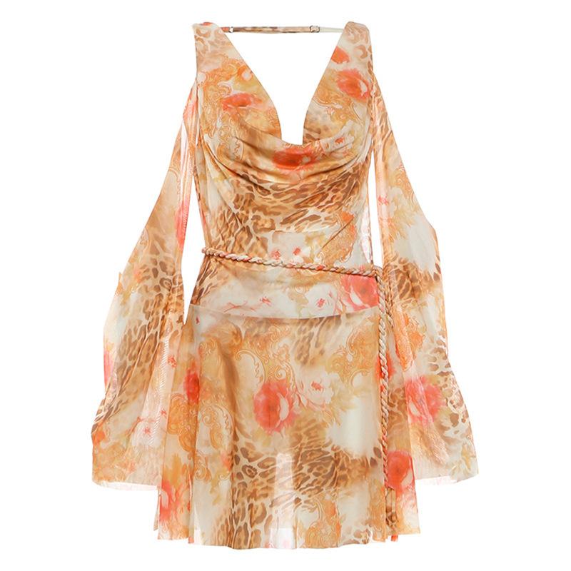 Fashion 2026 spring and summer new women s clothing sexy vacation style backless lace-up printed slim-fit short dress S жёлтый
