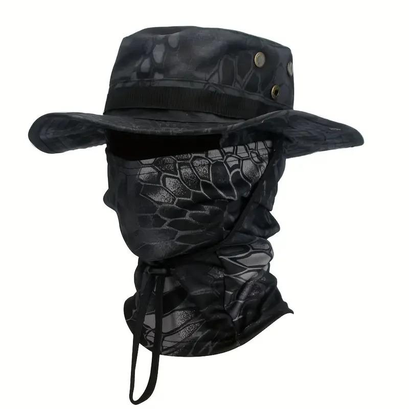 Camouflage Fischerhut mit Sturmhaube Gesichts-Nackenabdeckung UV-Schutz Breiter Rand Sonnenhut für Outdoor Jagd Angeln Wandern Camping