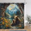 Brown Bear Shower Curtain, Colorful Floral Plants Outdoor Landscape Oil Painting Art Creative Shower Curtain Bathroom Decoration