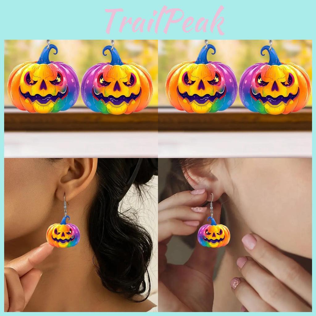Creative Halloween Themed Colorful Pumpkin Pattern Women Acrylic Earrings For Adults And Teens