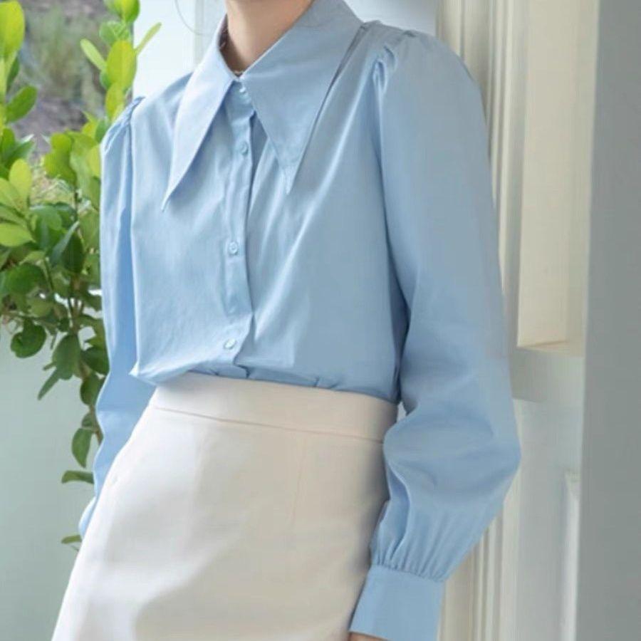 Large Peak Collar Women's Spring Design Niche Retro Shirt Commuting Formal Cotton Top