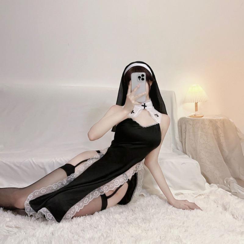 Sexy Lingerie Sexy Nun Costume Cos Halloween Uniform Pure Desire High Split Lace Cheongsam Uniform Skirt Temptation