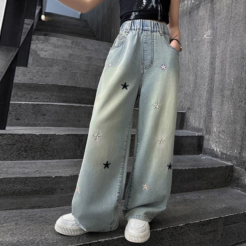 Printemps Automne Filles Jeans Broderie Étoile à Cinq Branches Pantalon Ample pour Années Adolescentes Filles Denim Élégant Pantalon Jambe Large