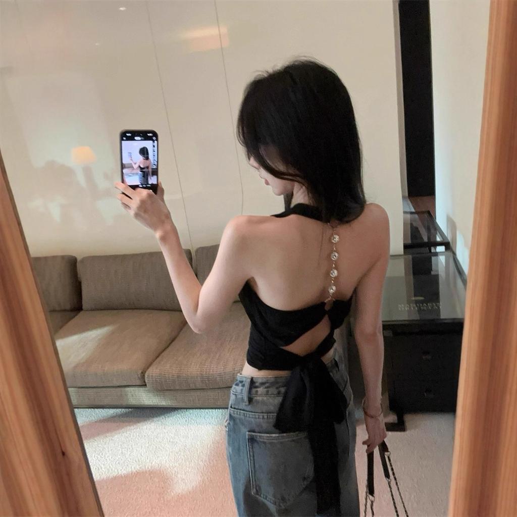 Black sexy backless neck sling vest women's summer spice girl design sense lace-up niche outer wear short top