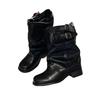 Women's Pleated Cuffed Boot Spring 2025 Mid-Calf Chunky Heel Black Short Boot for Skirts Round Toe Polyurethane Rubber