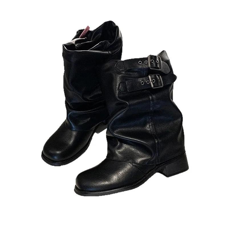 Women's Pleated Cuffed Boot Spring 2025 Mid-Calf Chunky Heel Black Short Boot for Skirts round Toe Polyurethane Rubber