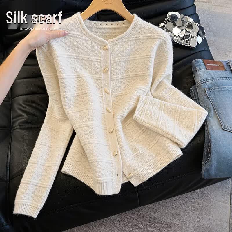 Damen Einfarbiger Rundhals-Strickjacke Pullover