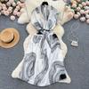 Light Luxury Retro Collar Printed Dress Women's Summer French Lace-up Waist Loose and Thin Medium and Long Shirt Skirt