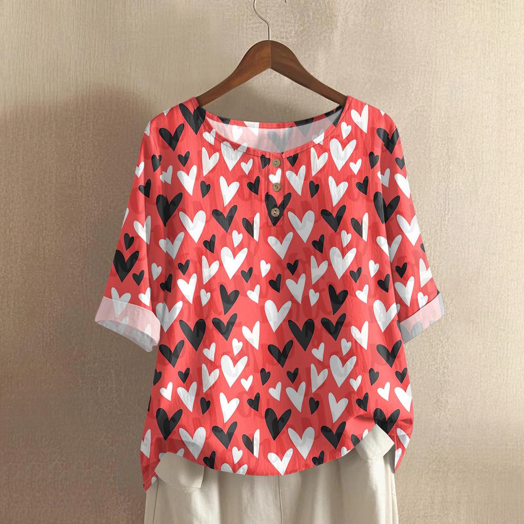 Damska casualowa bluzka z bawełny i lnu, z krótkim rękawem, okrągłym dekoltem i nadrukiem walentynkowym