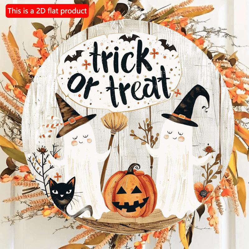 2d Flat 20*20cm, Halloween Home Decoration, Halloween Pumpkin, Black Cat and Ghost, "trick or Treat" Wooden Circular Logo, for Home, Garden, Kitchen