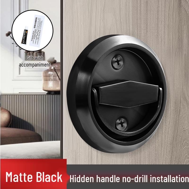 No-Drill Stainless Steel Hidden Door Pull Handle with Lock - Invisible Round Sliding Ring for TV Background Wall