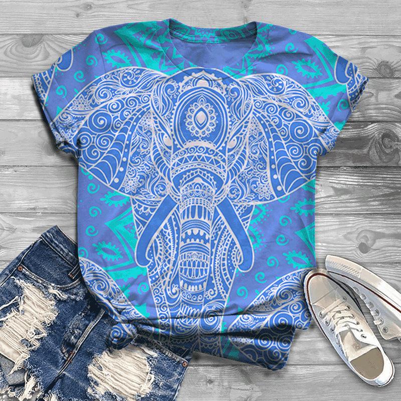 Letní Nové Pánské a Dámské Slon 3D Digitálně Potištěné Kulatý Výstřih Volné Tričko s Krátkým Rukávem Pár Tričko