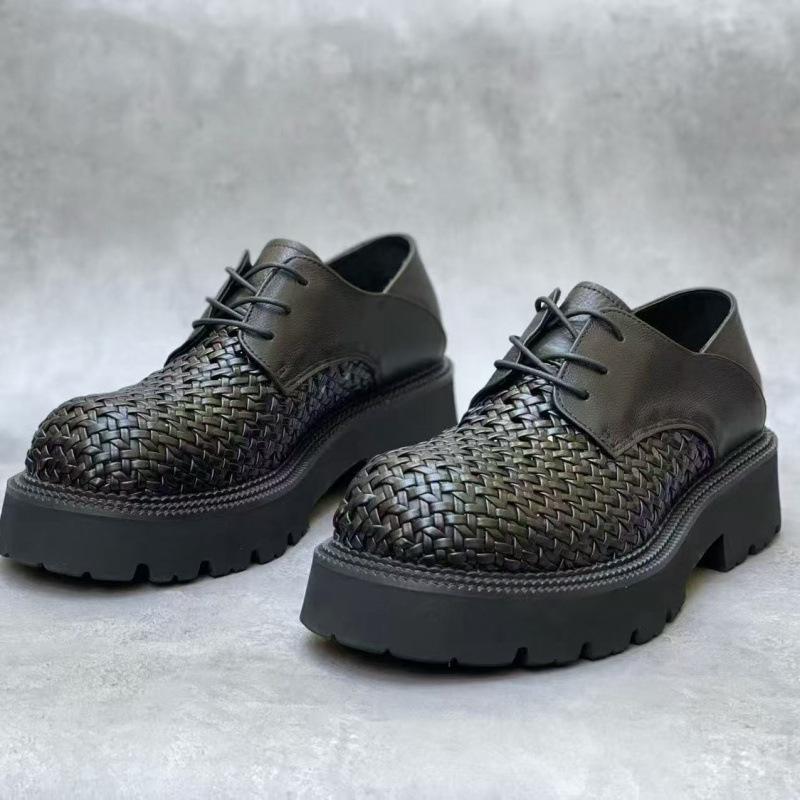 Premium commuter thick-soled trendy shoes hand-woven one-pedal hollowed-out breathable business casual height-increasing leather shoes men