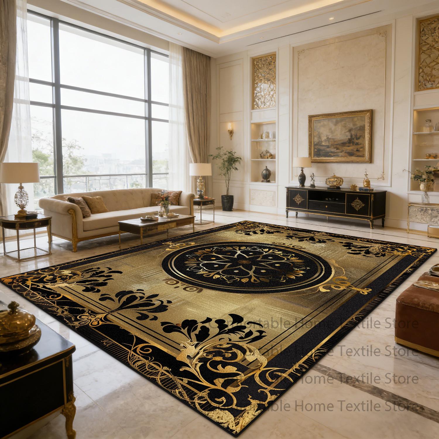 

Golden Light Luxury Palace Style Large Living Room Rug Decoration Home Non-slip Carpet Washable Short Velvet Coffee Tables Mats 60x90cm