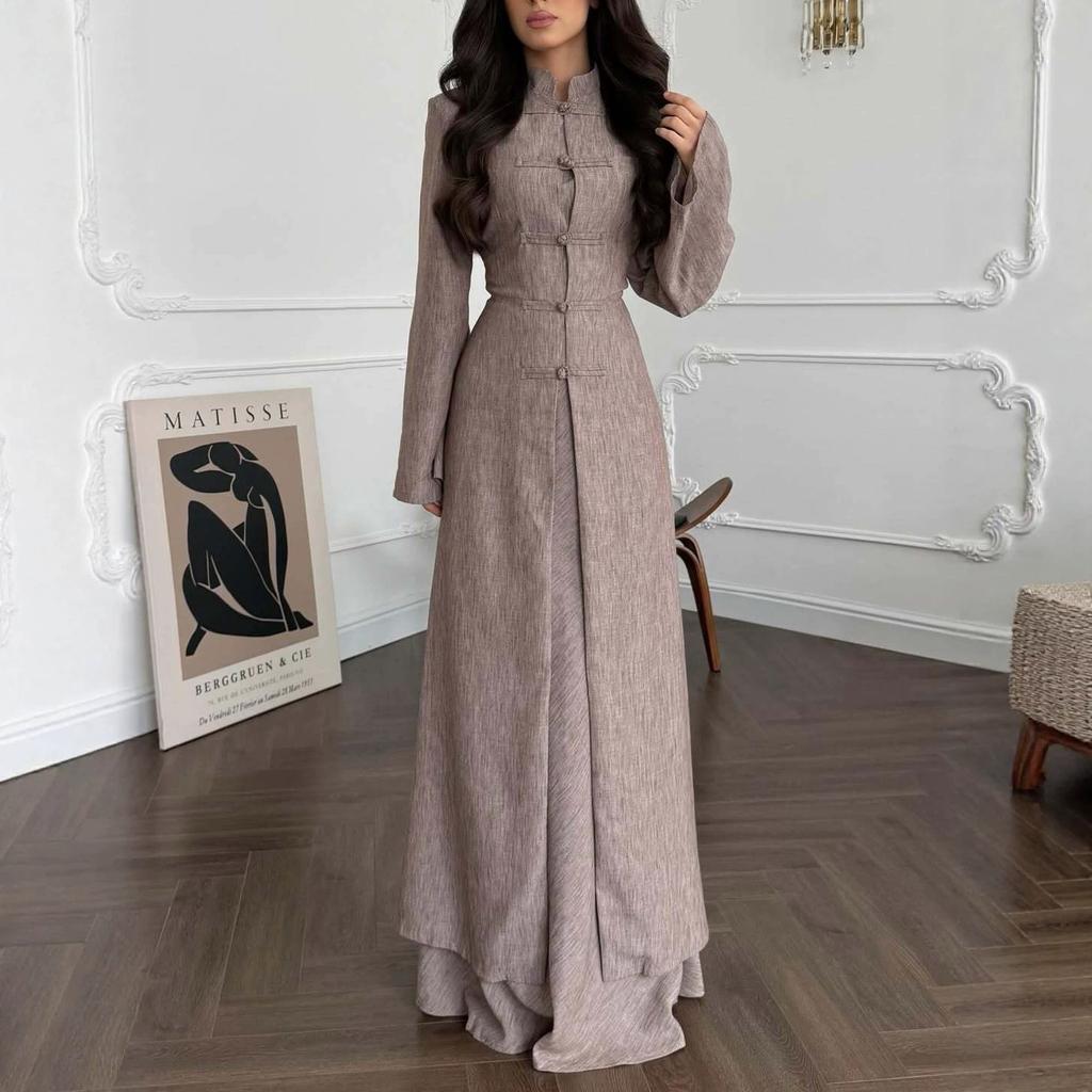  Spring and Autumn New European, American Amazon Cross-border Stand-up Collar Chinese Button Long Jacket Dress Set