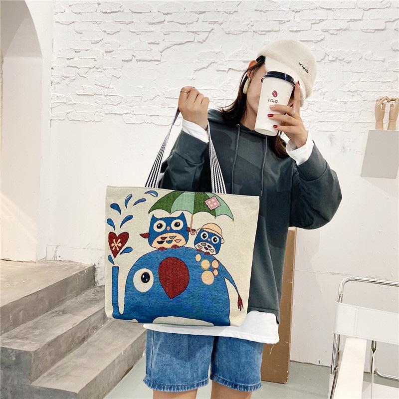 Female Jacquard Cloth Bag Handheld Large Bag Owl Embroidery Large Capacity Folding Shopping Bag Mommy Bag