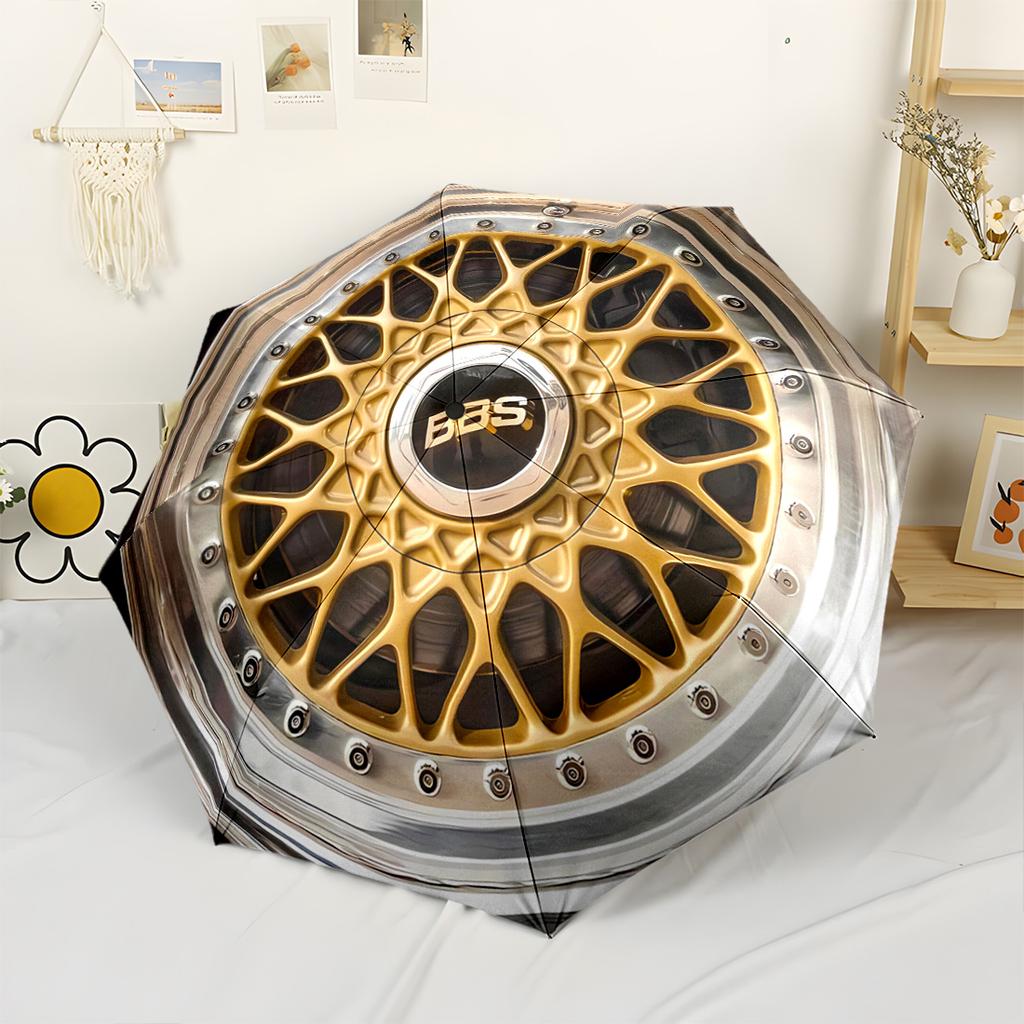 Bbs Wheel Design Portable Automatic Umbrella Compact 8-Rib Design Durable Plastic & Iron All-Season Travel Fashionable Accessory Gift for Festivals