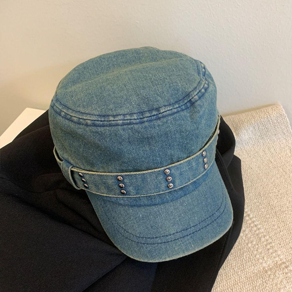 Washed Denim Flat Top Hat Y2k Cadet Cap Casual Peaked Cap  Outdoor